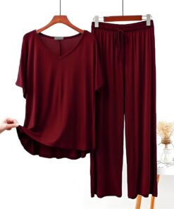 Half sleeves Plain Maroon V Neck T shirt with Maroon Palazzo Pajama Set