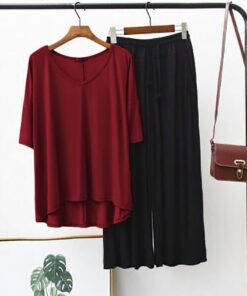 Red V Neck with Black Palazzo For Women PJ Set
