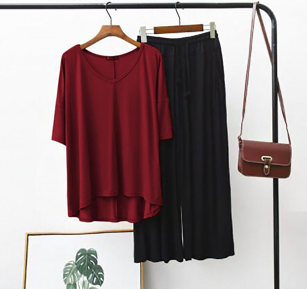 Red V Neck with Black Palazzo For Women PJ Set