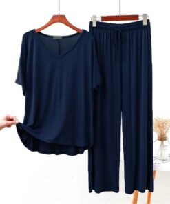 Half sleeves Plain Blue V Neck with Palazzo Style Pajama Suit