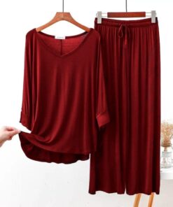 Plain Maroon V Neck T shirt with Marron Palazzo Pajama Set