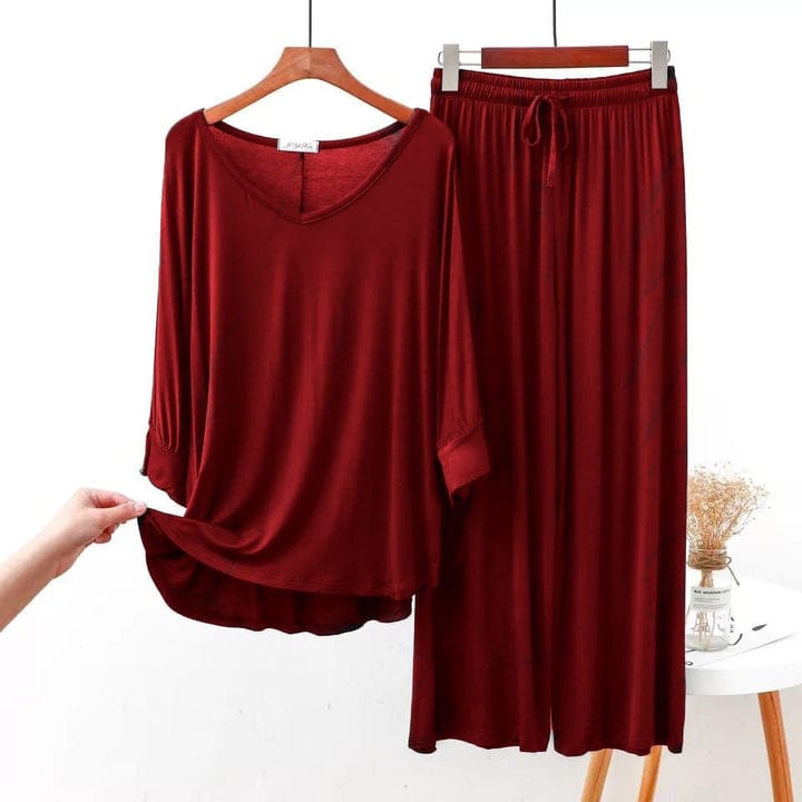 Plain Maroon V Neck T shirt with Marron Palazzo Pajama Set