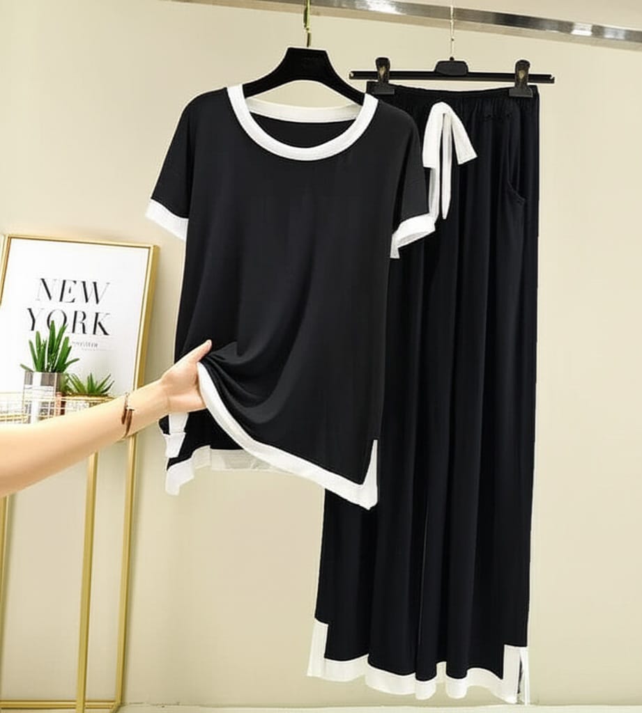 Black with White Round Neck Half Sleeves Palazzo Pajama Set