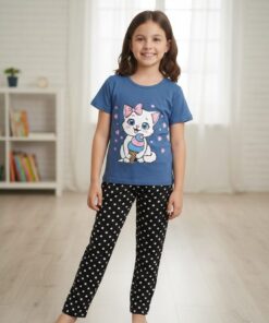 BLUE CAT WITH BLACK PAJMA PRINTED KIDS