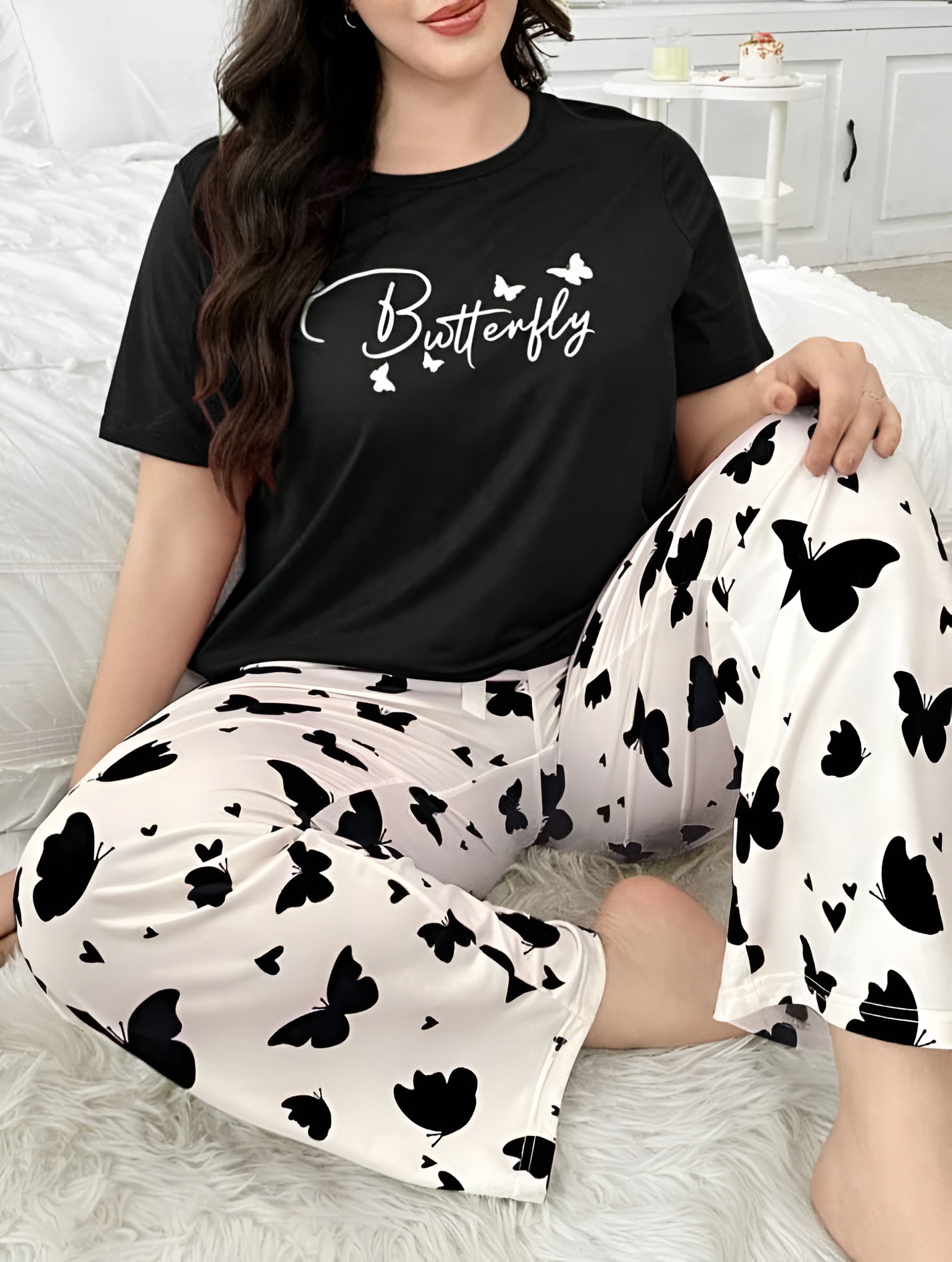 Black Butterfly Printed Pajama Set