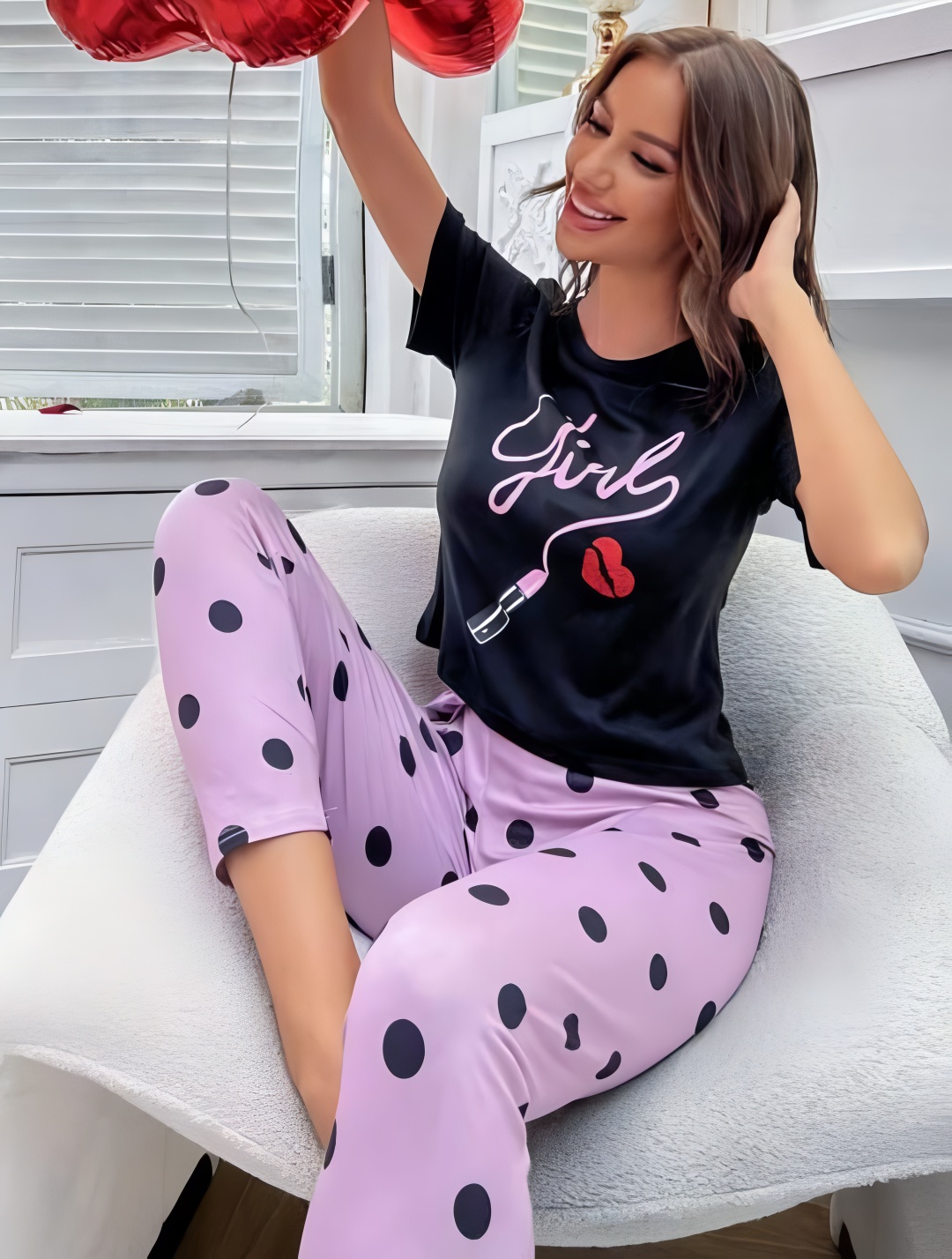 Black Girl with polka pajama Printed Night wear