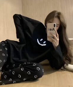Black Smiley Full Sleeves Night Wear