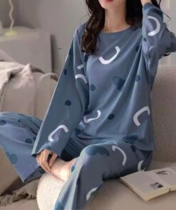 Blue With White C Printed Full Sleeves Night Suit For Ladies & Girls