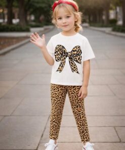 Leopard Print Bow T-Shirt and Leggings Set