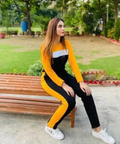 Mustard White Black Striped Full Sleeves TrackSuit