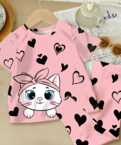 Pink Kitty With Pink Hearts Printed Kids.