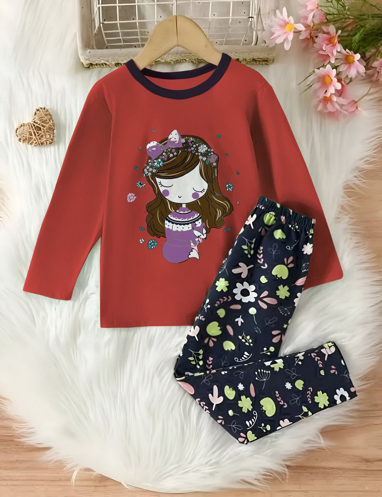 Red Princess with Flowers Printed Full Sleeves Kids Suit