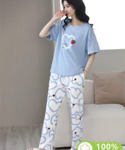 Sky blue Strawberry heart Print Half Sleeves Pajama set