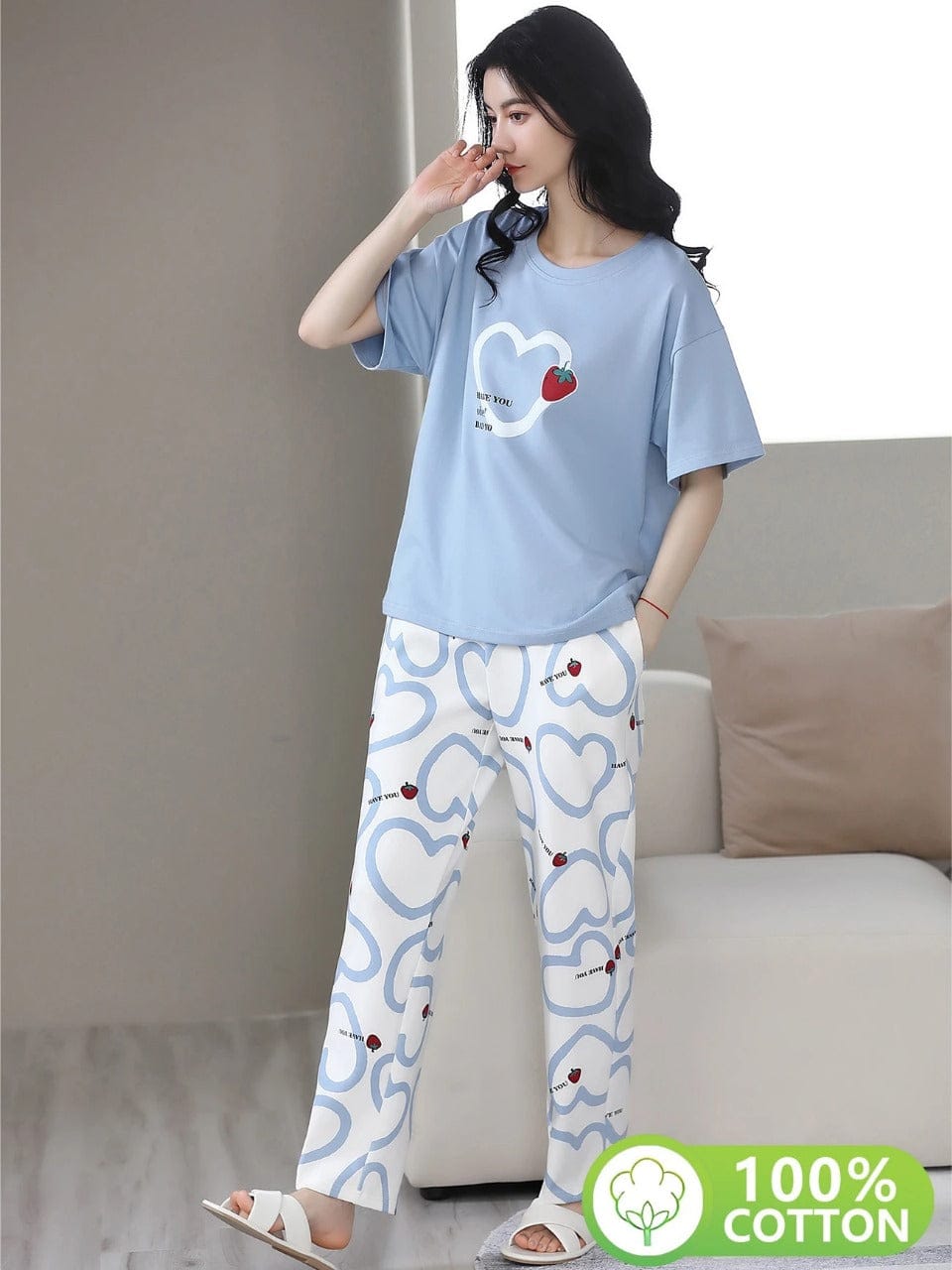 Sky blue Strawberry heart Print Half Sleeves Pajama set