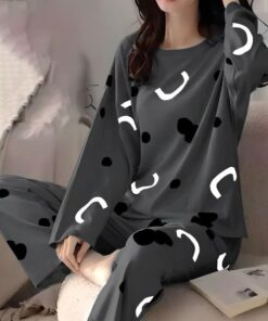 Grey With White C Printed Full Sleeves Night Suit For Ladies & Girls