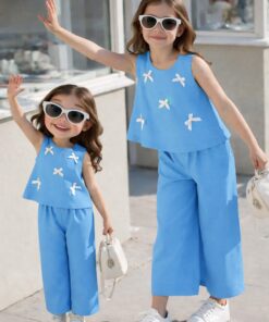 Sky Blue  & White Bow-Accent Co-ord Set
