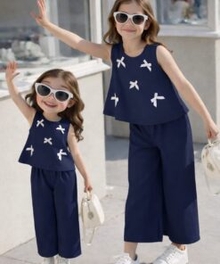 Blue & White Bow-Accent Co-ord Set