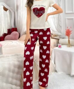 Off white Heart with Maroon Hearts pajama Printed Night wear