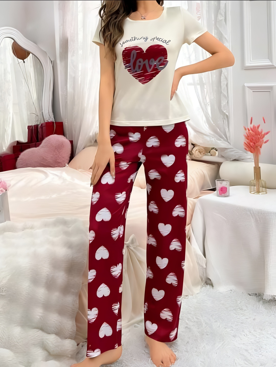 Off white Heart with Maroon Hearts pajama Printed Night wear