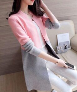 Pink Contrast Long Sleeve Fashion Cardigan Dual Pockets