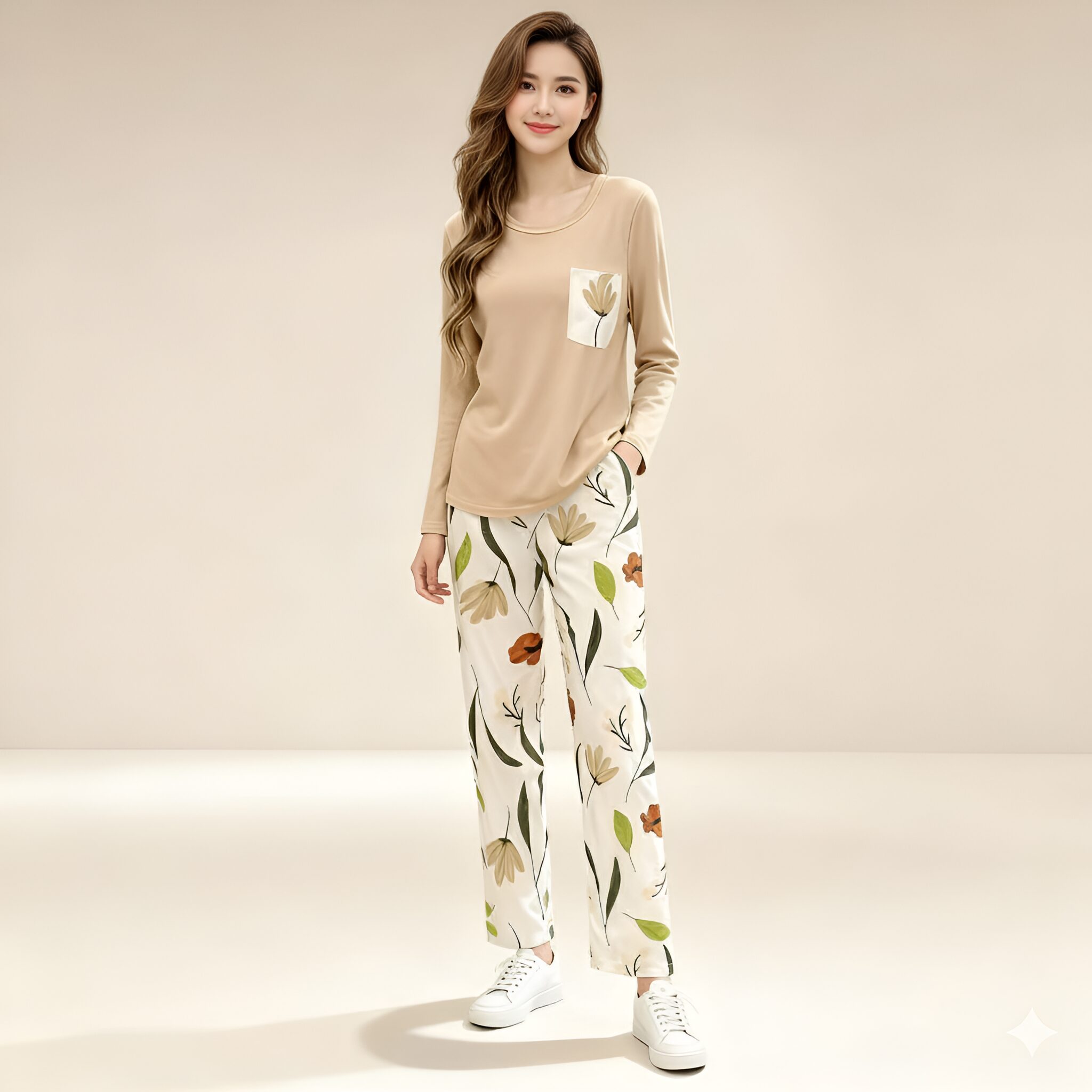Light Brown Flower Pocket Printed Pajama Set