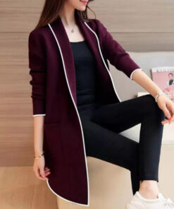 Maroon Lapel Front Open Cardigan Dual Pockets