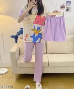 3 Pcs Cartoon Mickey Printed Pajama Set (Shirt Trouser Shorts) Night Suit For Women
