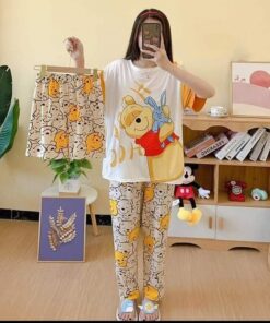 Cute Bear Night Suit (Trouser Shirt & Short) For Girls & Women (3 Pieces)