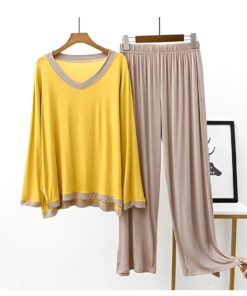 Yellow V Neck With Skin Contrast Palazzo For Women PJ Set