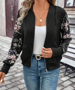 Black Winter Fleece Floral Printed Jacket For Women