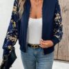 Blue Winter Fleece Floral Printed Jacket For Women