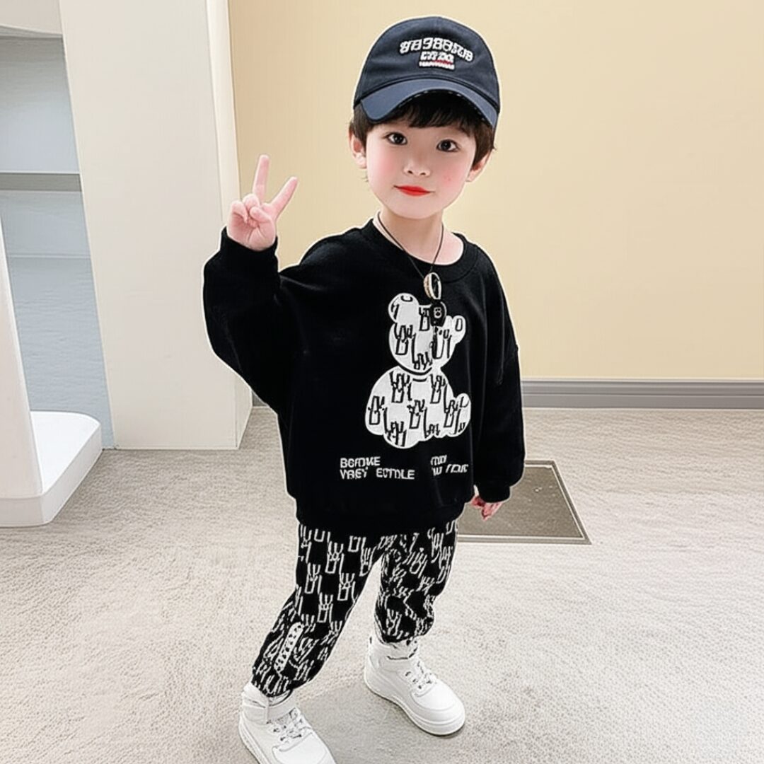 Black & White Bear Print Sweatshirt & Trouser for Kids