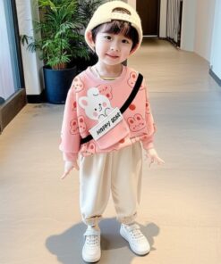 Pink Happy Bear Print Sweatshirt & Trouser for Kids