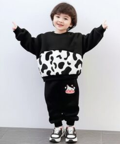 Black Cow Print Sweatshirt & Trouser for Kids