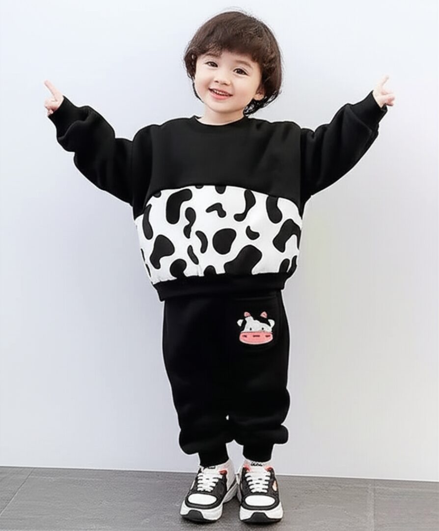 Black Cow Print Sweatshirt & Trouser for Kids