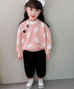 Pink & White Bunny Print Sweatshirt & Trouser for Kids