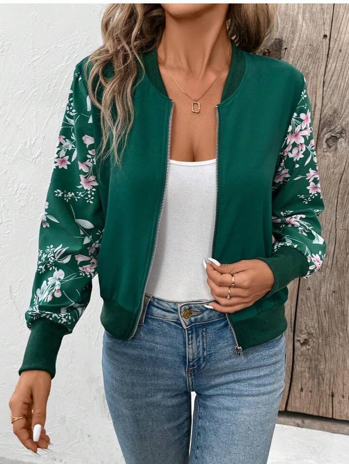 Green Winter Fleece Floral Printed Jacket For Women