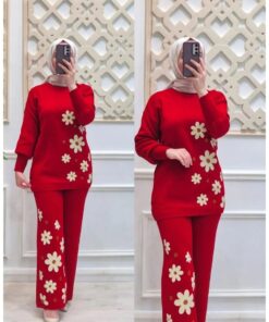 Women's Luxury Two Pcs Fleece Winter Set  Red