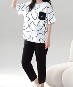White Black Lining Pocket Printed Pajama Set