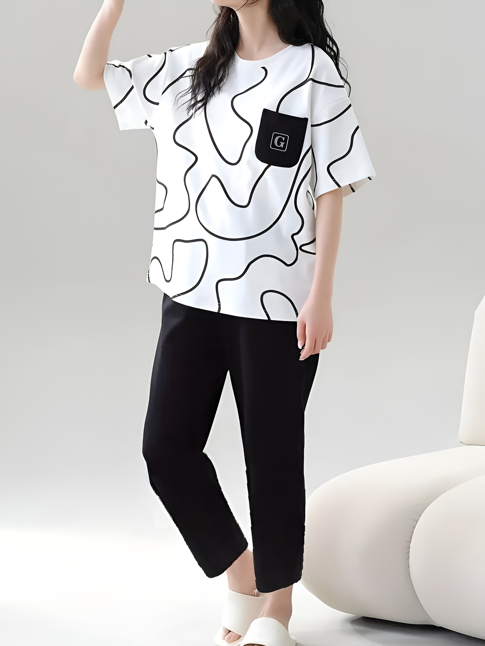 White Black Lining Pocket Printed Pajama Set