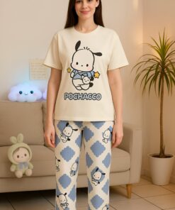 White Pochacco Printed Shirt with Check Pajama Set