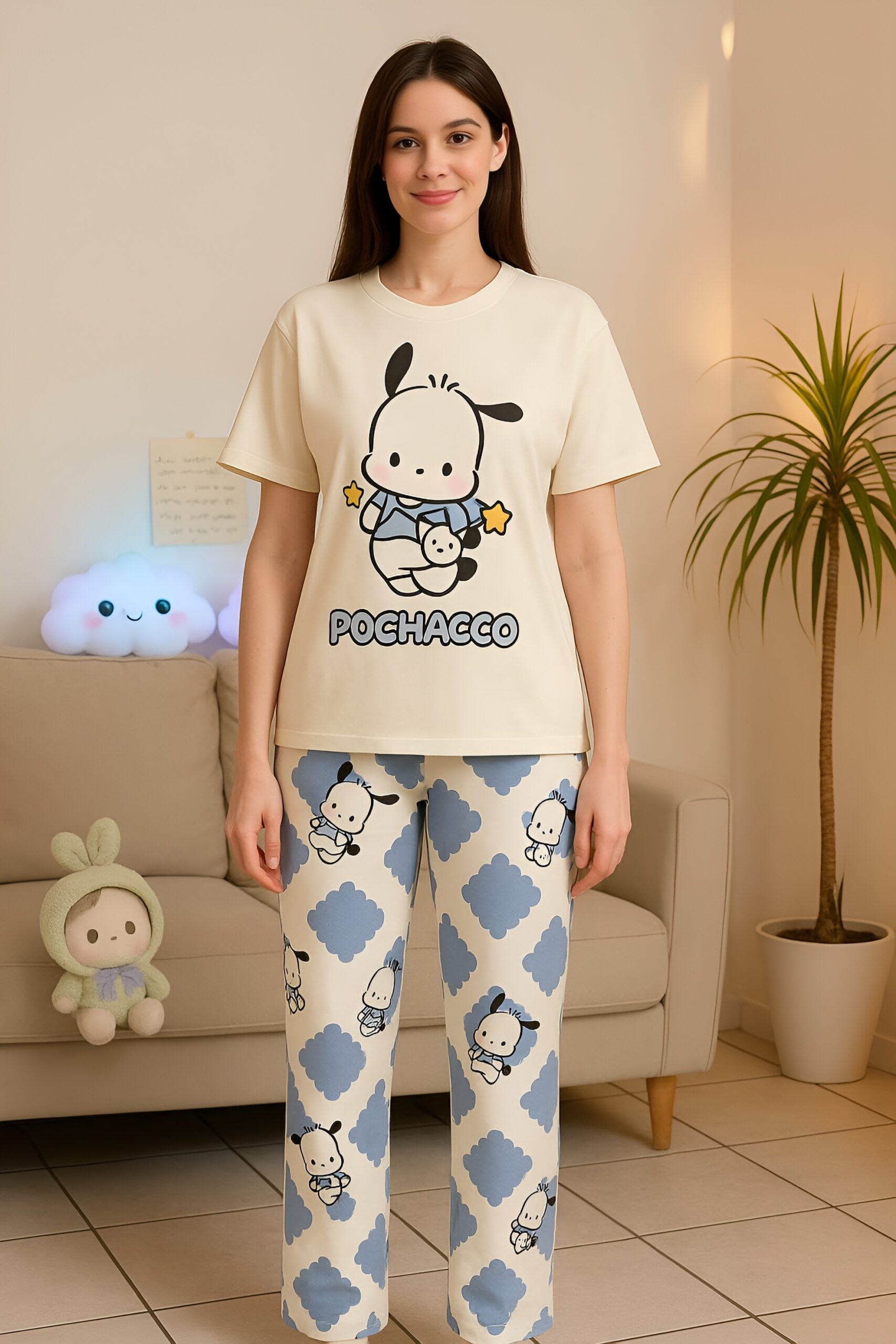 White Pochacco Printed Shirt with Check Pajama Set