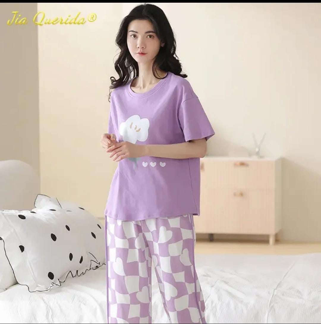 Purple Flower Printed Night Suit