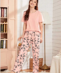 Baby Pink With Butterfly Printed Pajama Night Suit