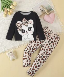 Black Cute Kitty With Cheetha Pajama Printed Kids