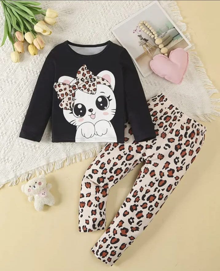 Black Cute Kitty With Cheetha Pajama Printed Kids