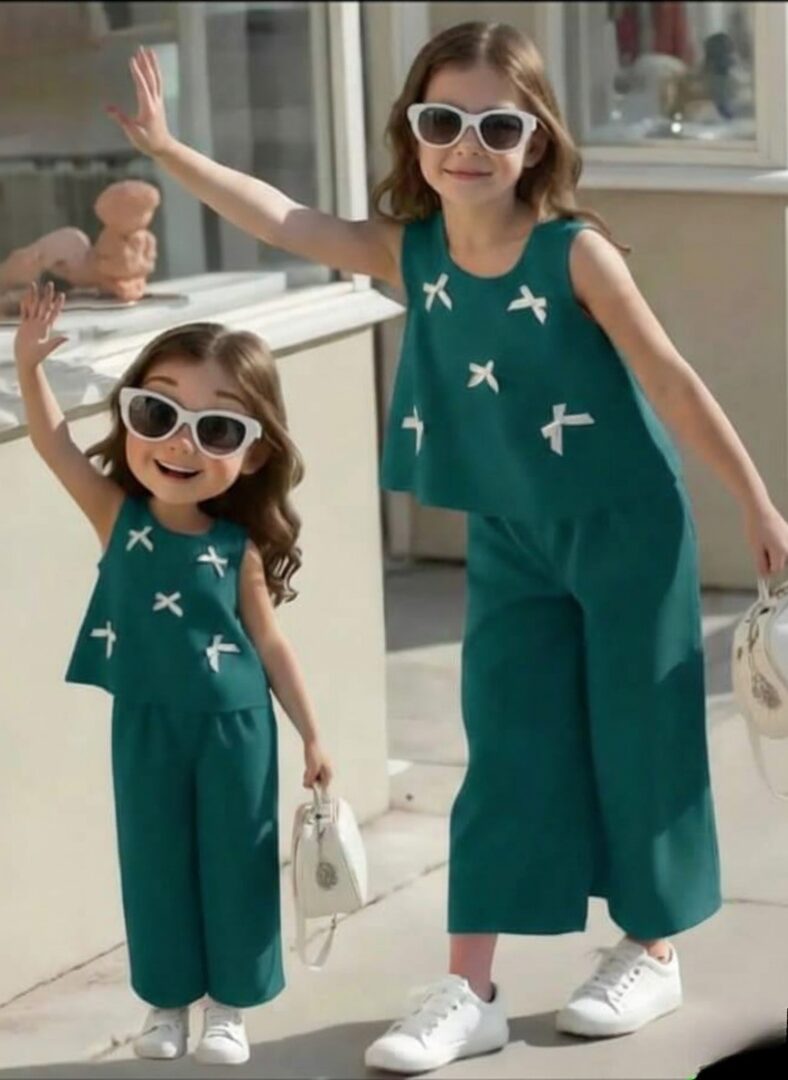 Green & White Bow-Accent Co-ord Set