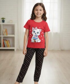 RED CAT WITH BLACK PAJMA PRINTED KIDS