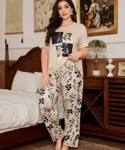 Off White Leaves with Leaves Printed PJ Set For Her