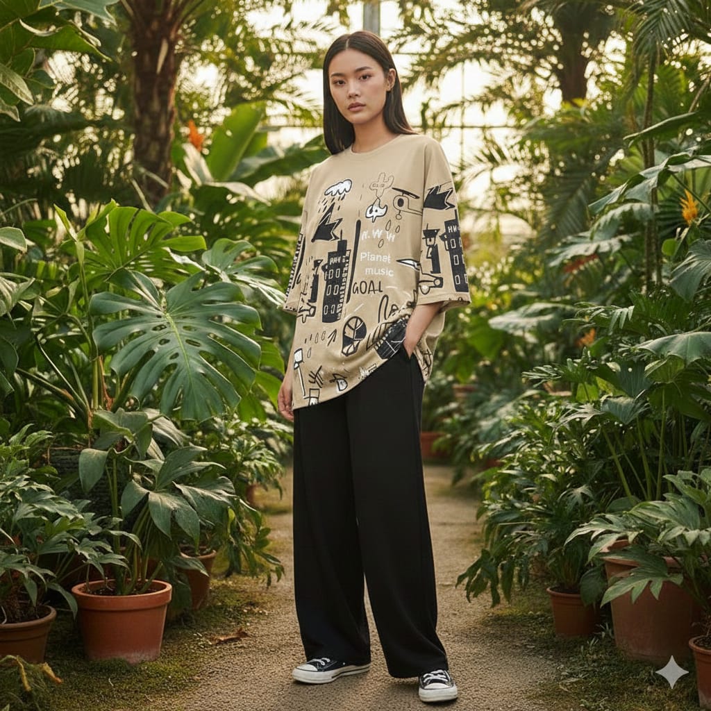 Brown Planet Music With Black Pajama Printed Night Suit